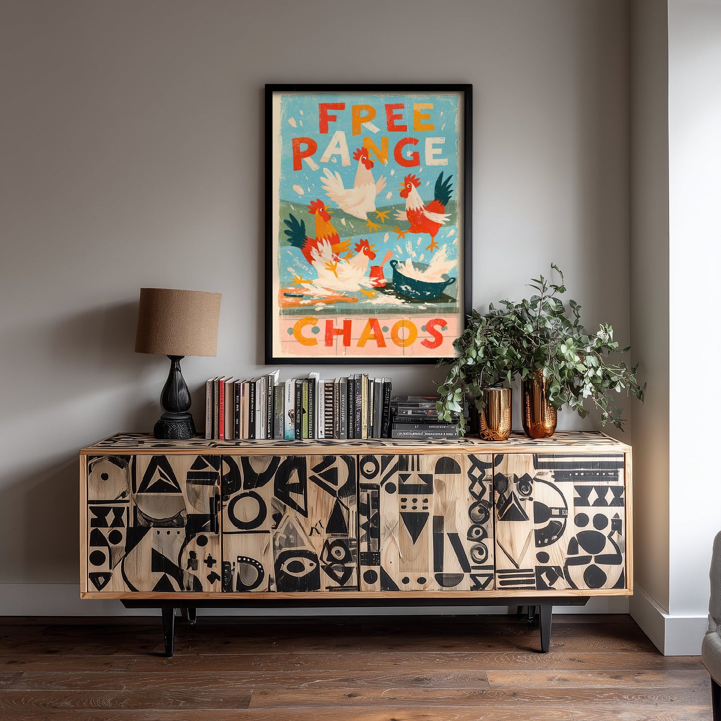 Free Range Chaos Art Print - Funny Chicken Kitchen Poster - Retro Hens Illustration