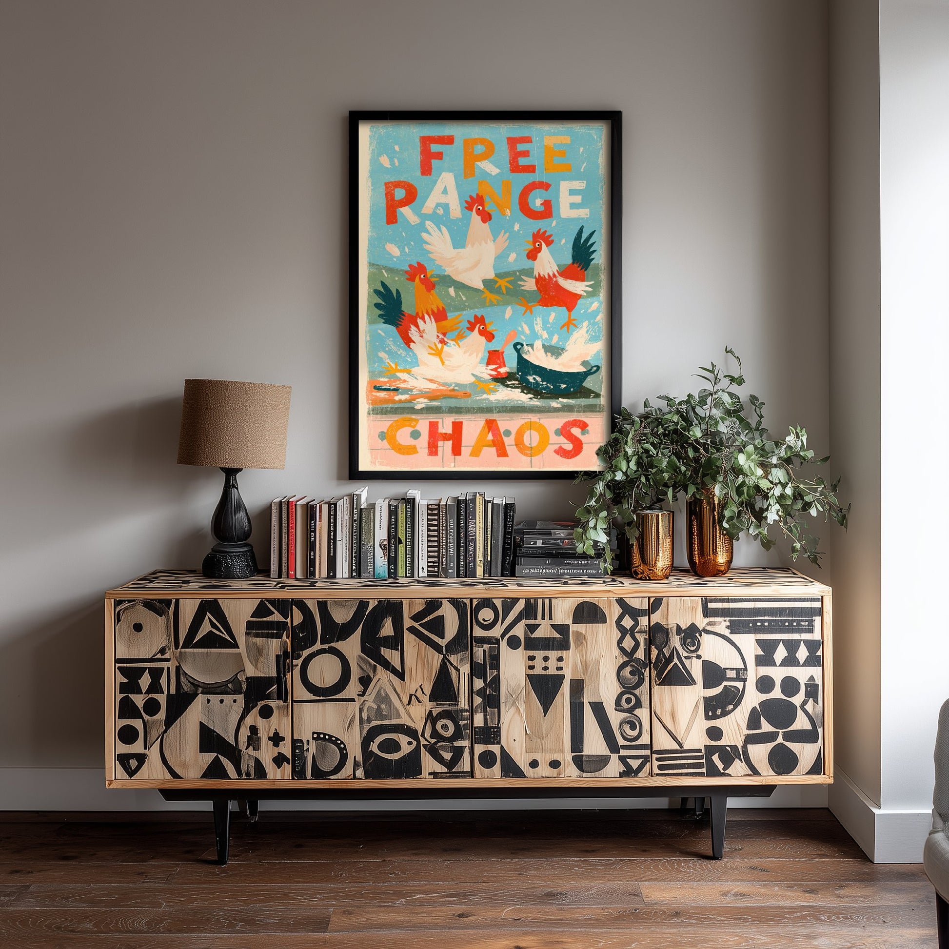 Free Range Chaos Art Print - Funny Chicken Kitchen Poster - Retro Hens Illustration