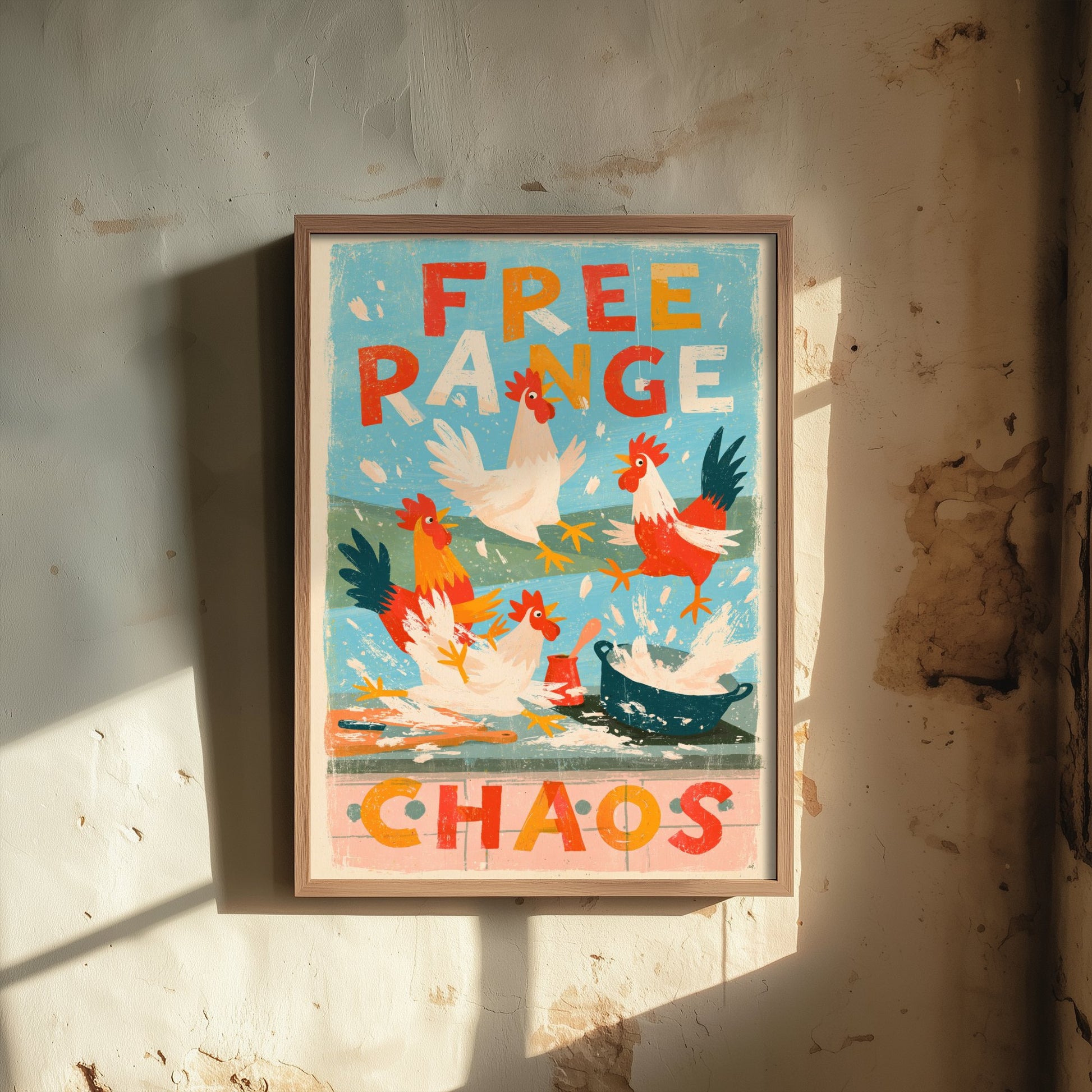 Free Range Chaos Art Print - Funny Chicken Kitchen Poster - Retro Hens Illustration