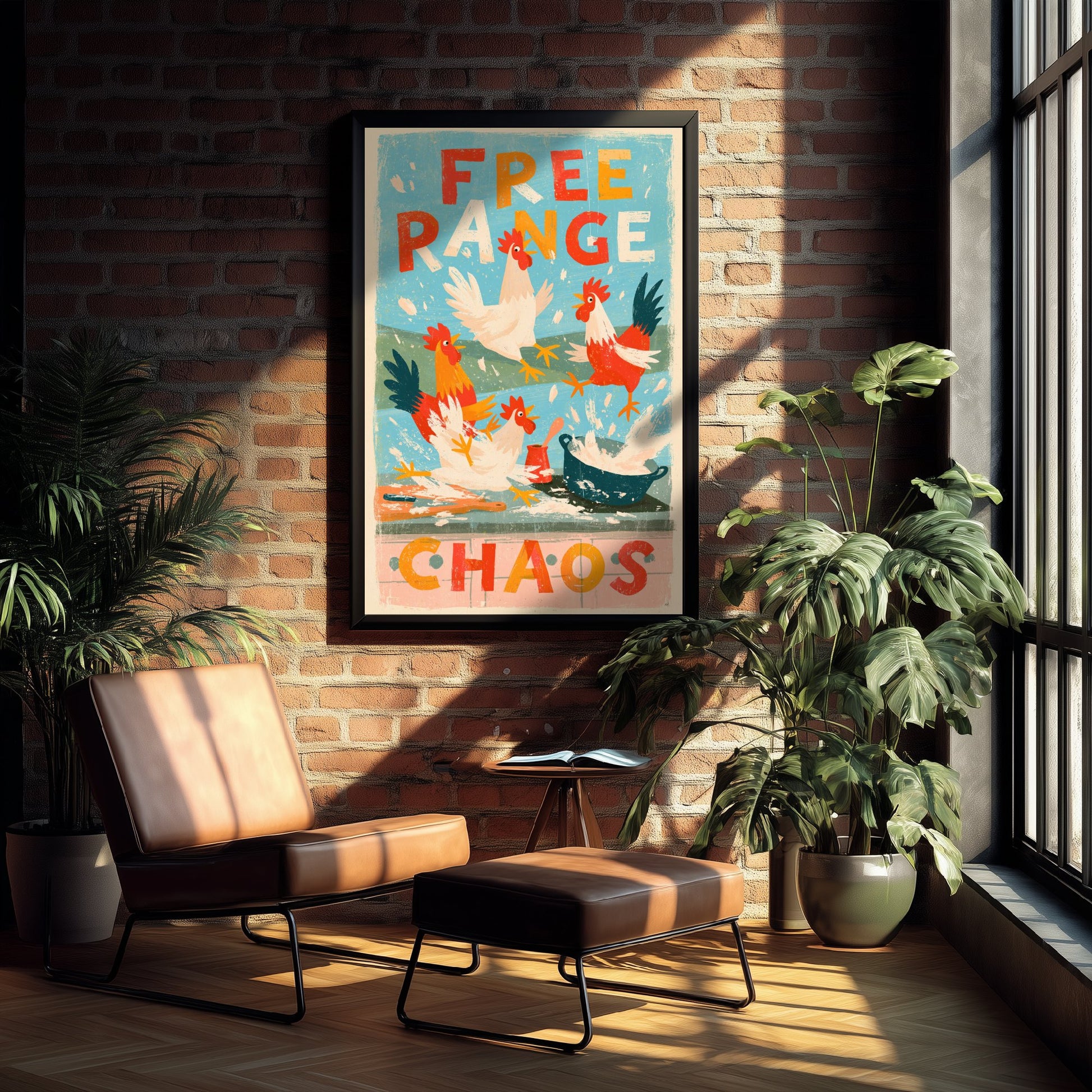 Free Range Chaos Art Print - Funny Chicken Kitchen Poster - Retro Hens Illustration