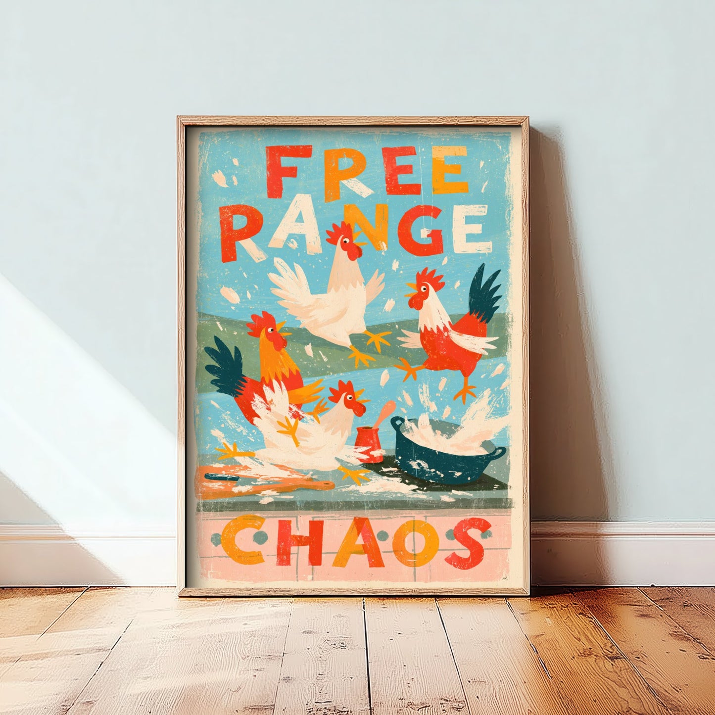 Free Range Chaos Art Print - Funny Chicken Kitchen Poster - Retro Hens Illustration