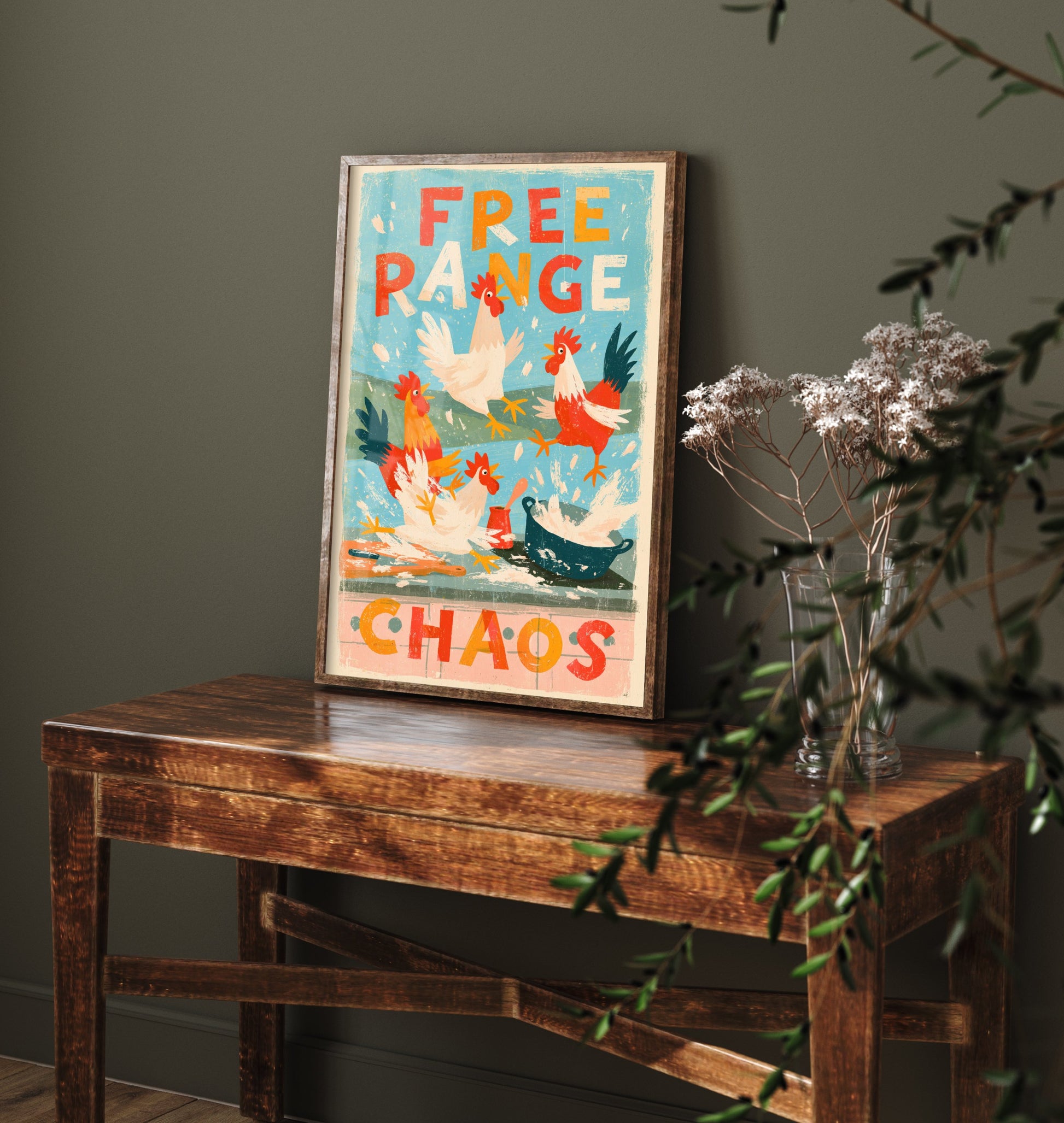 Free Range Chaos Art Print - Funny Chicken Kitchen Poster - Retro Hens Illustration