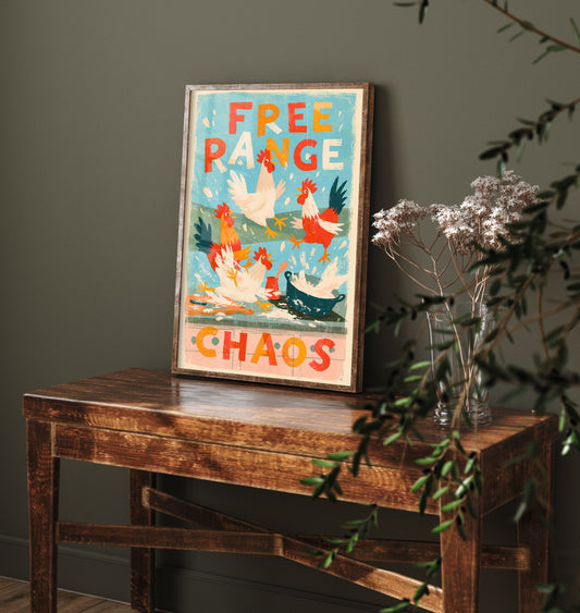 Free Range Chaos Art Print - Funny Chicken Kitchen Poster - Retro Hens Illustration