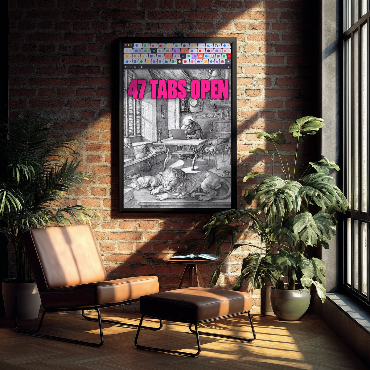 47 Tabs Open Funny Art Print - Saint Jerome in His Study by Durer Parody Poster - Altered Classic Engraving Illustration - Researcher Gift