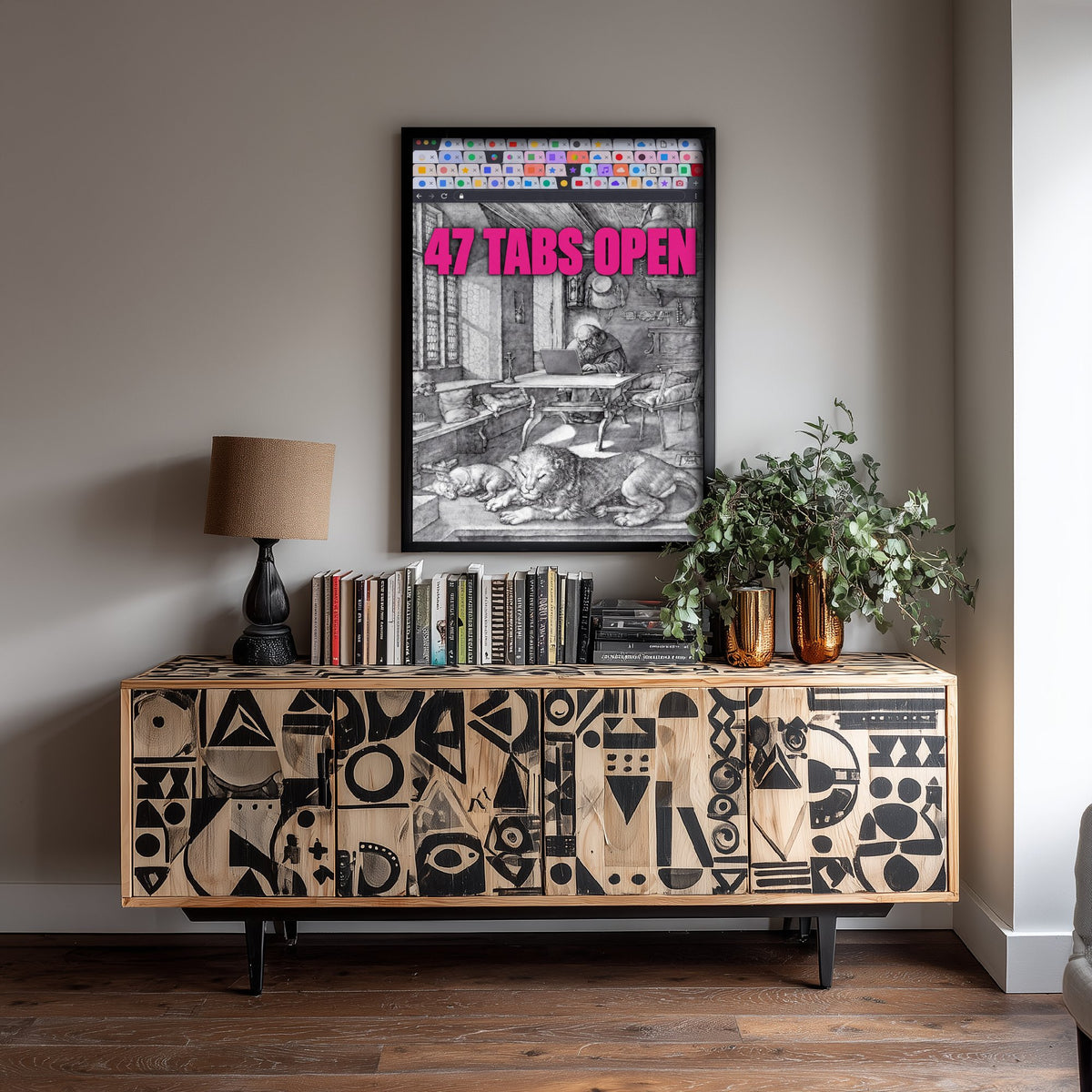47 Tabs Open Funny Art Print - Saint Jerome in His Study by Durer Parody Poster - Altered Classic Engraving Illustration - Researcher Gift