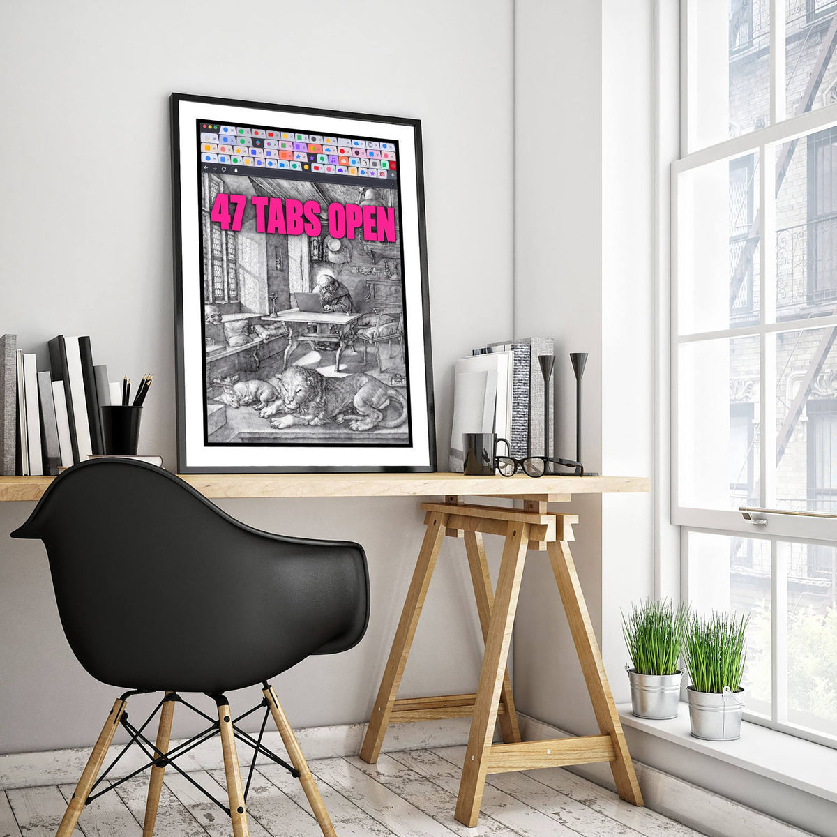 47 Tabs Open Funny Art Print - Saint Jerome in His Study by Durer Parody Poster - Altered Classic Engraving Illustration - Researcher Gift