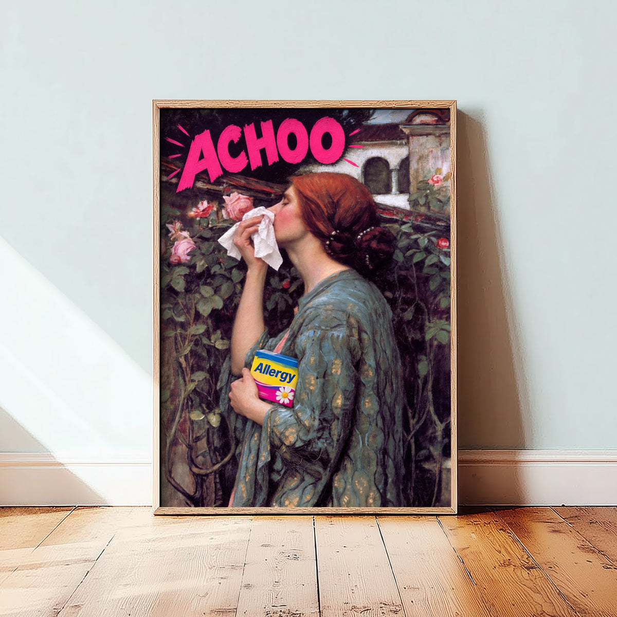 Achoo Funny Art Print - The Soul of the Rose by Waterhouse Parody Poster - Altered Classic Painting - Gardener Gift