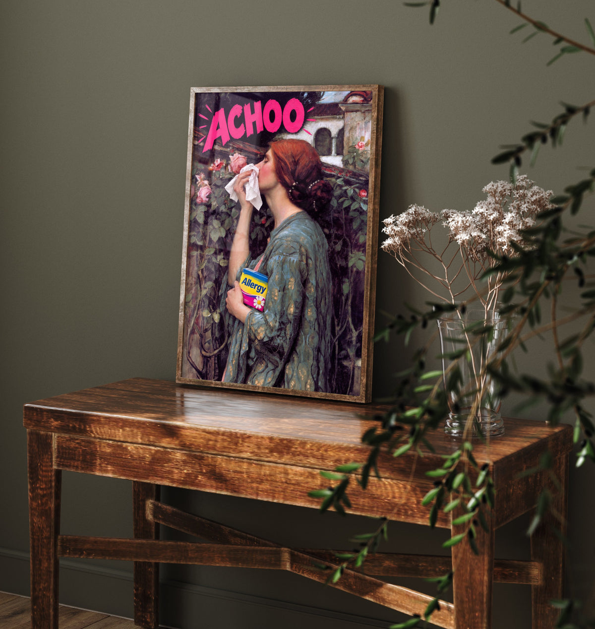 Achoo Funny Art Print - The Soul of the Rose by Waterhouse Parody Poster - Altered Classic Painting - Gardener Gift