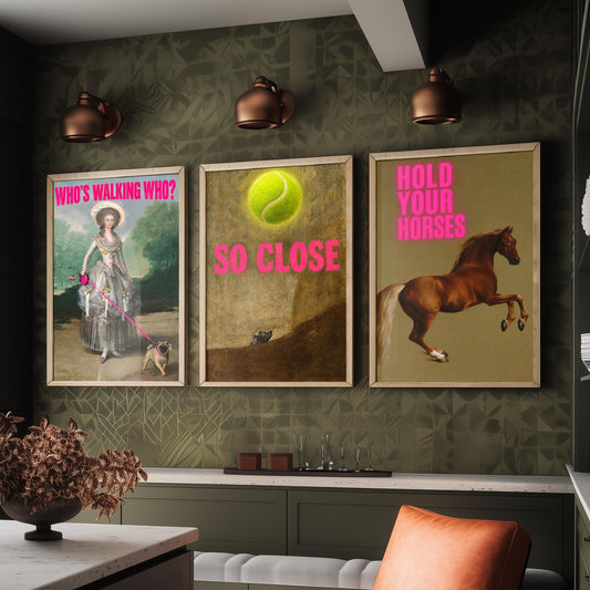 Funny Animal Set of Three Art Prints - Who's Walking Who, So Close, Hold Your Horses - Classic Painting Parody Poster