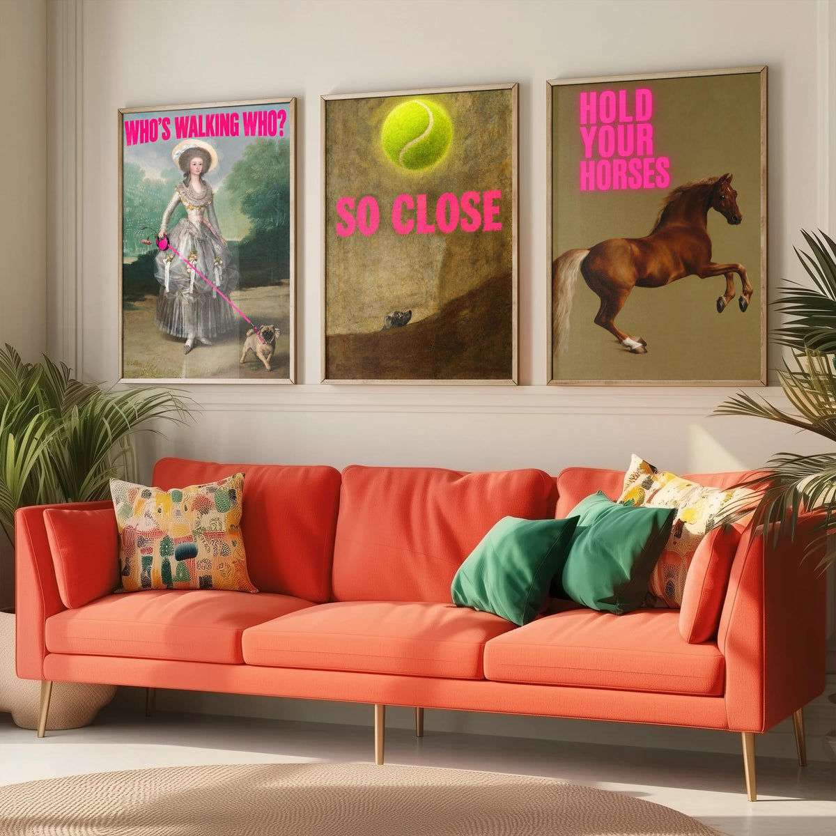 Funny Animal Set of Three Art Prints - Who's Walking Who, So Close, Hold Your Horses - Classic Painting Parody Poster