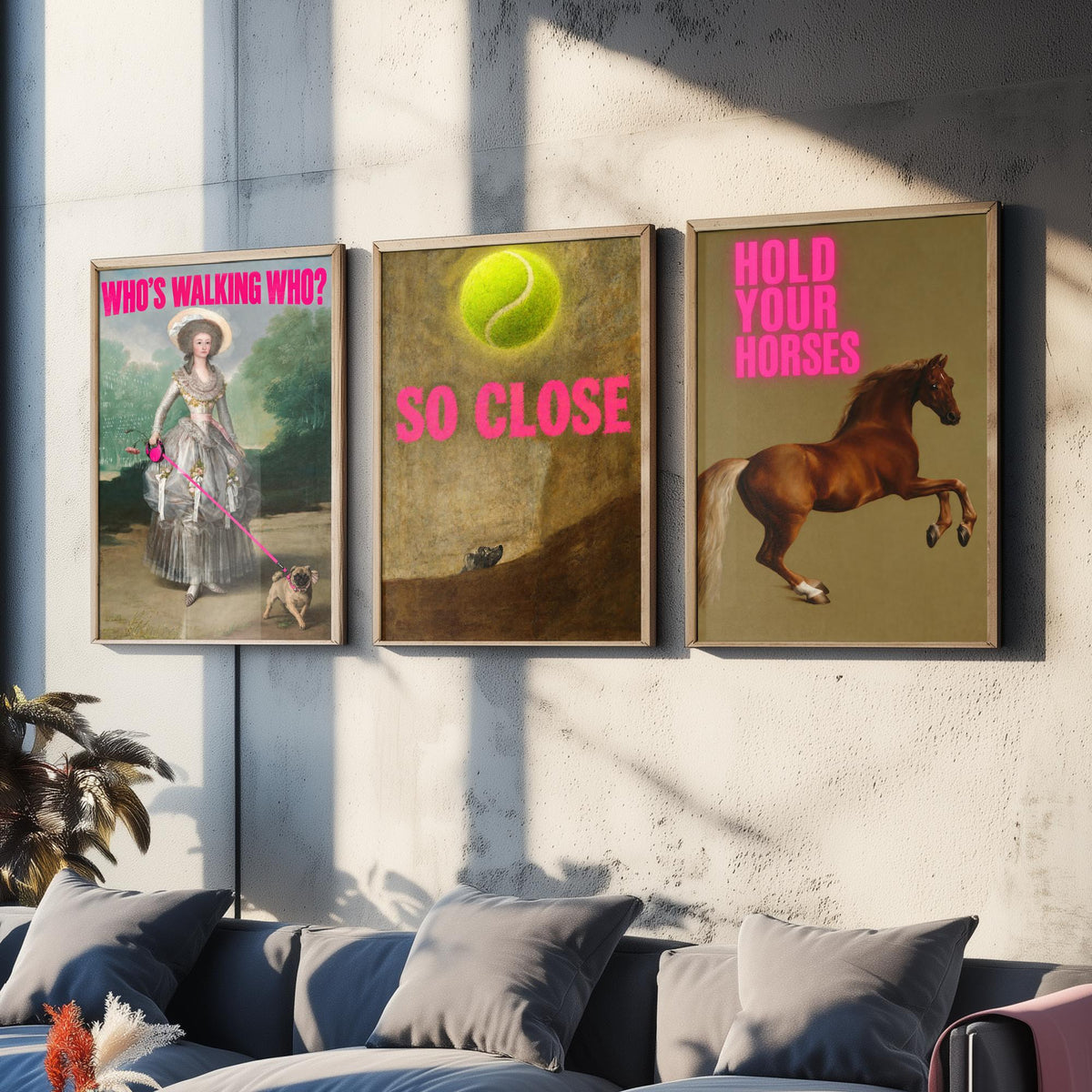 Funny Animal Set of Three Art Prints - Who's Walking Who, So Close, Hold Your Horses - Classic Painting Parody Poster