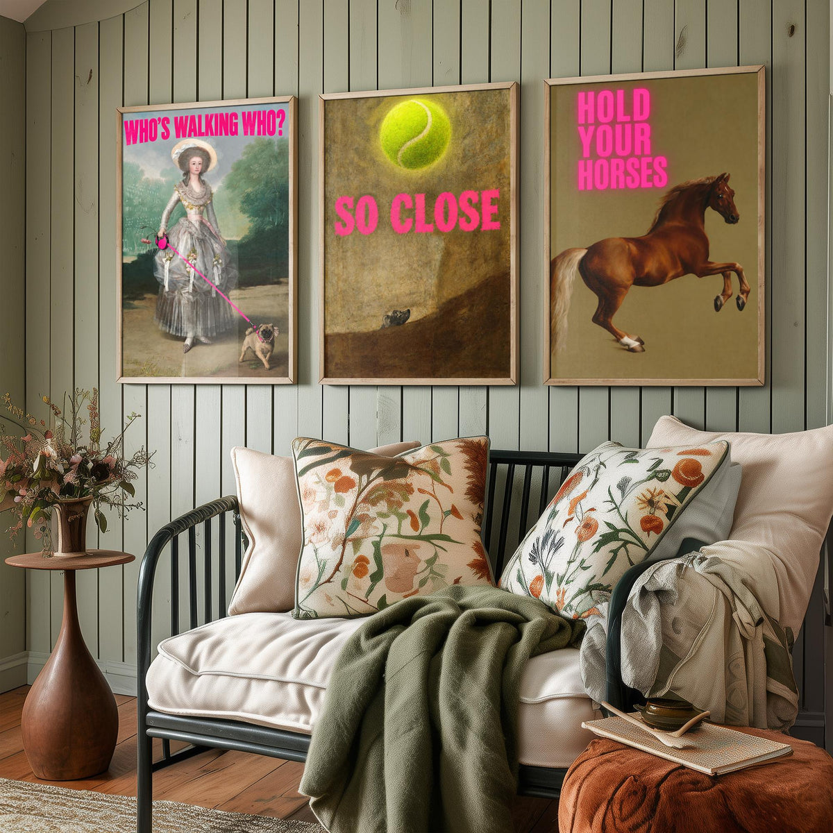 Funny Animal Set of Three Art Prints - Who's Walking Who, So Close, Hold Your Horses - Classic Painting Parody Poster