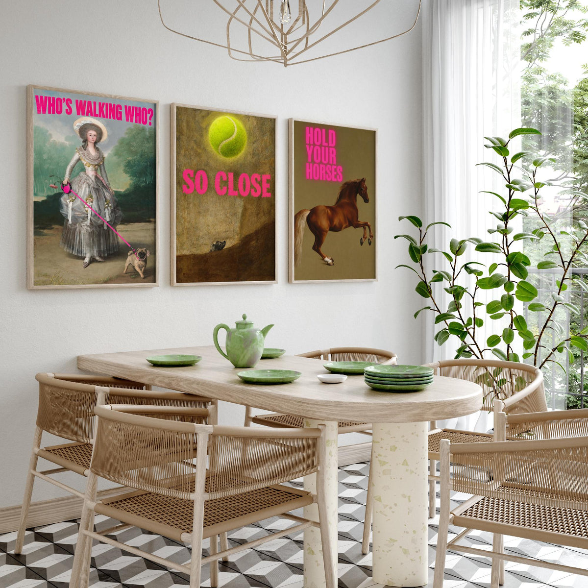 Funny Animal Set of Three Art Prints - Who's Walking Who, So Close, Hold Your Horses - Classic Painting Parody Poster
