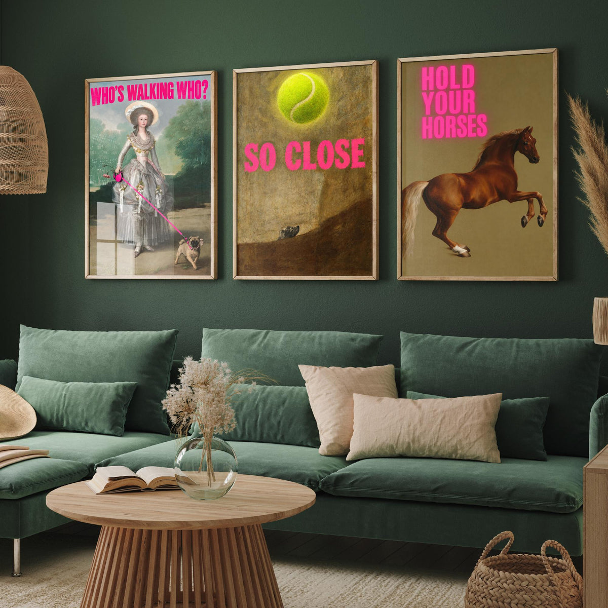 Funny Animal Set of Three Art Prints - Who's Walking Who, So Close, Hold Your Horses - Classic Painting Parody Poster