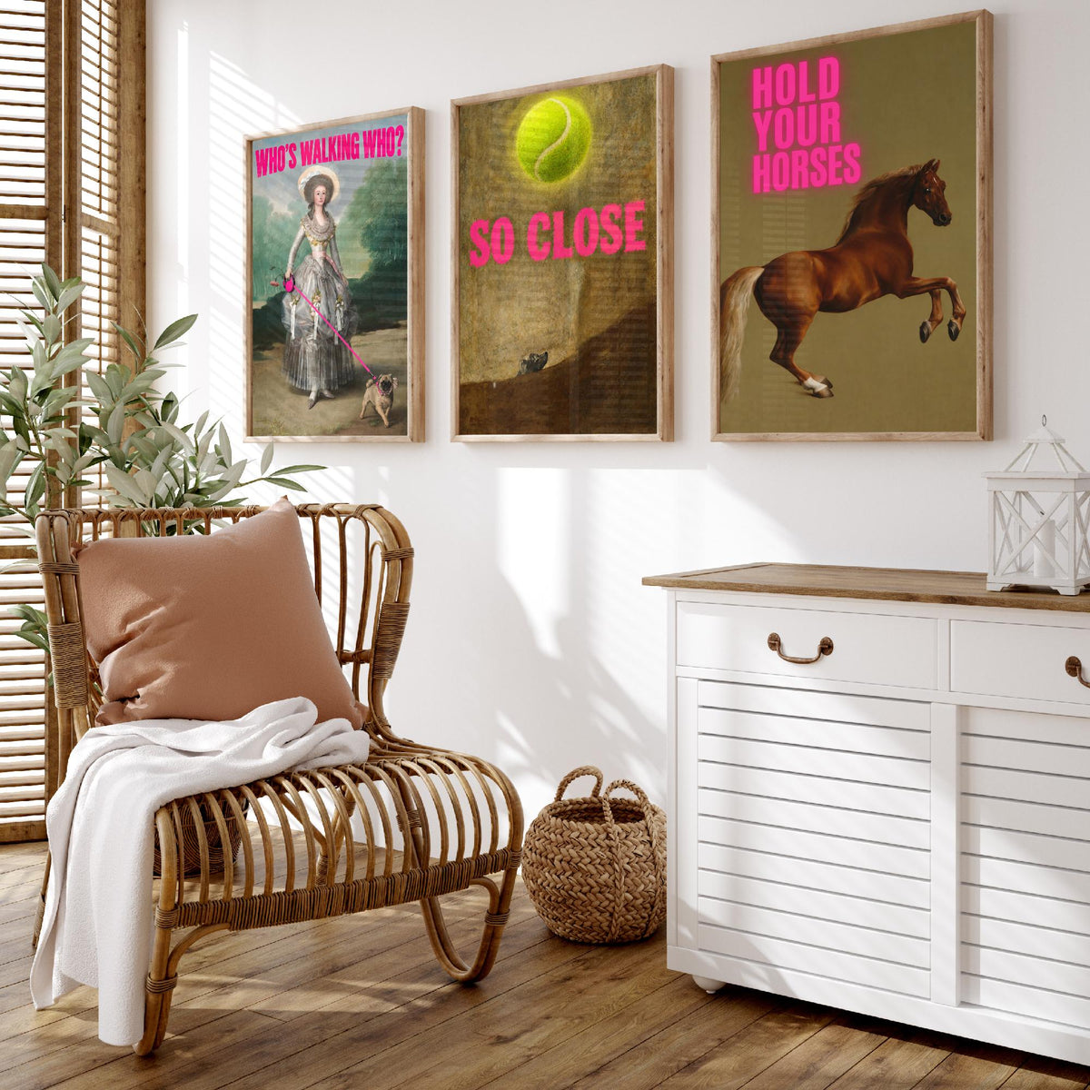 Funny Animal Set of Three Art Prints - Who's Walking Who, So Close, Hold Your Horses - Classic Painting Parody Poster