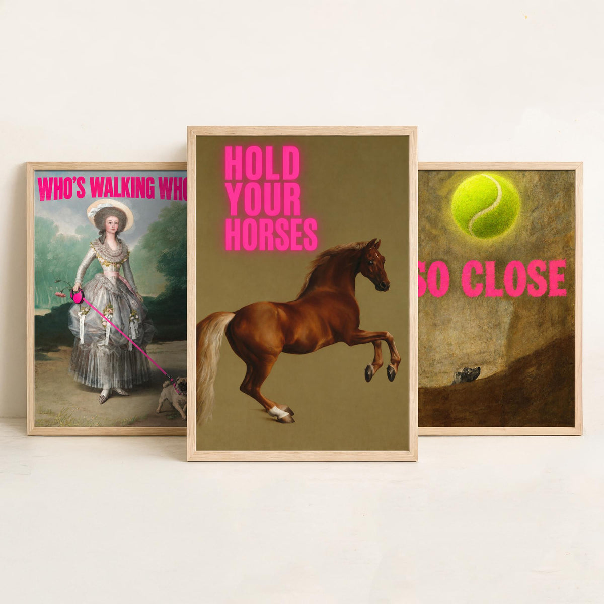 Funny Animal Set of Three Art Prints - Who's Walking Who, So Close, Hold Your Horses - Classic Painting Parody Poster