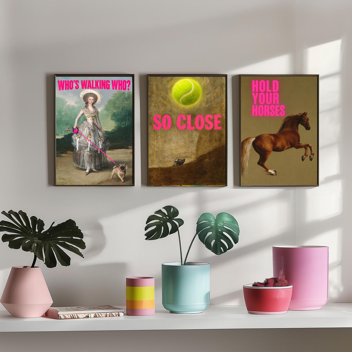 Funny Animal Set of Three Art Prints - Who's Walking Who, So Close, Hold Your Horses - Classic Painting Parody Poster