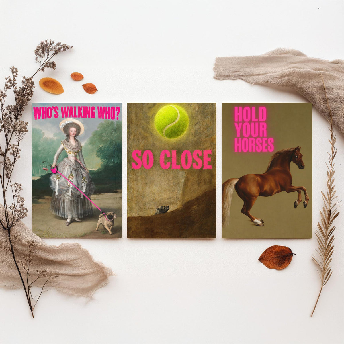 Funny Animal Set of Three Art Prints - Who's Walking Who, So Close, Hold Your Horses - Classic Painting Parody Poster