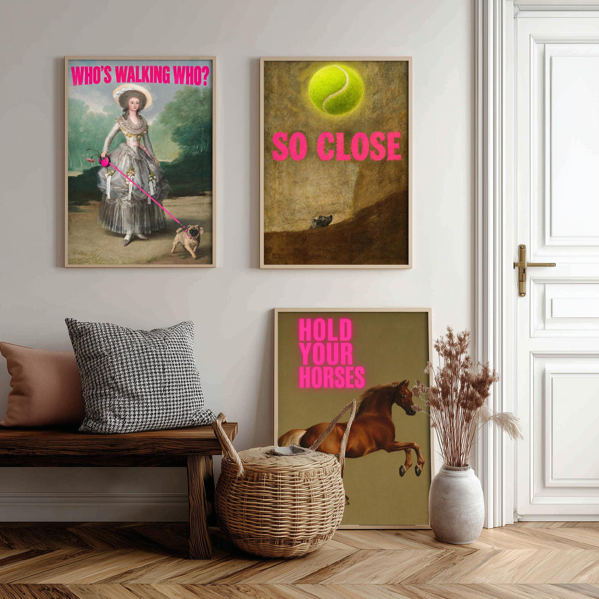 Funny Animal Set of Three Art Prints - Who's Walking Who, So Close, Hold Your Horses - Classic Painting Parody Poster