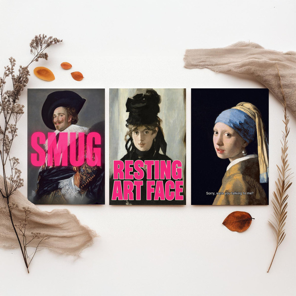 Funny Attitude Set of Three Art Prints - Smug, Resting Art Face, Sorry, Were You Talking to Me - Classic Painting Parody Poster