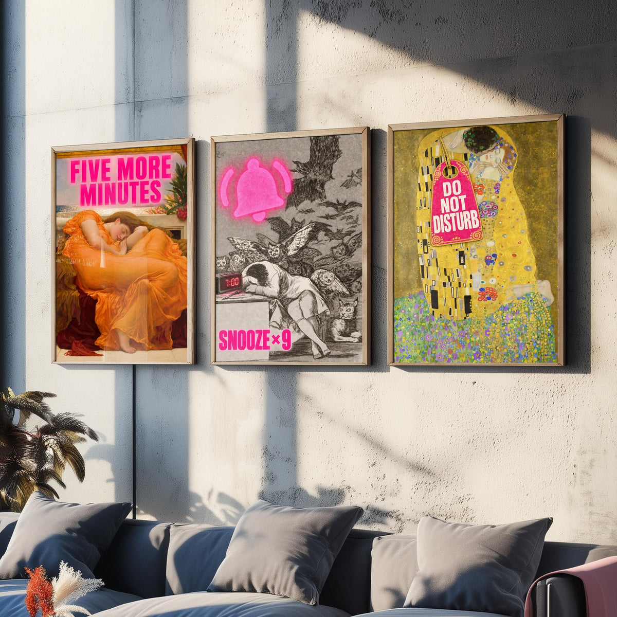 Funny Bedroom Set of Three Art Prints - Five More Minutes, Snooze x9, Do Not Disturb - Classic Painting Parody Poster