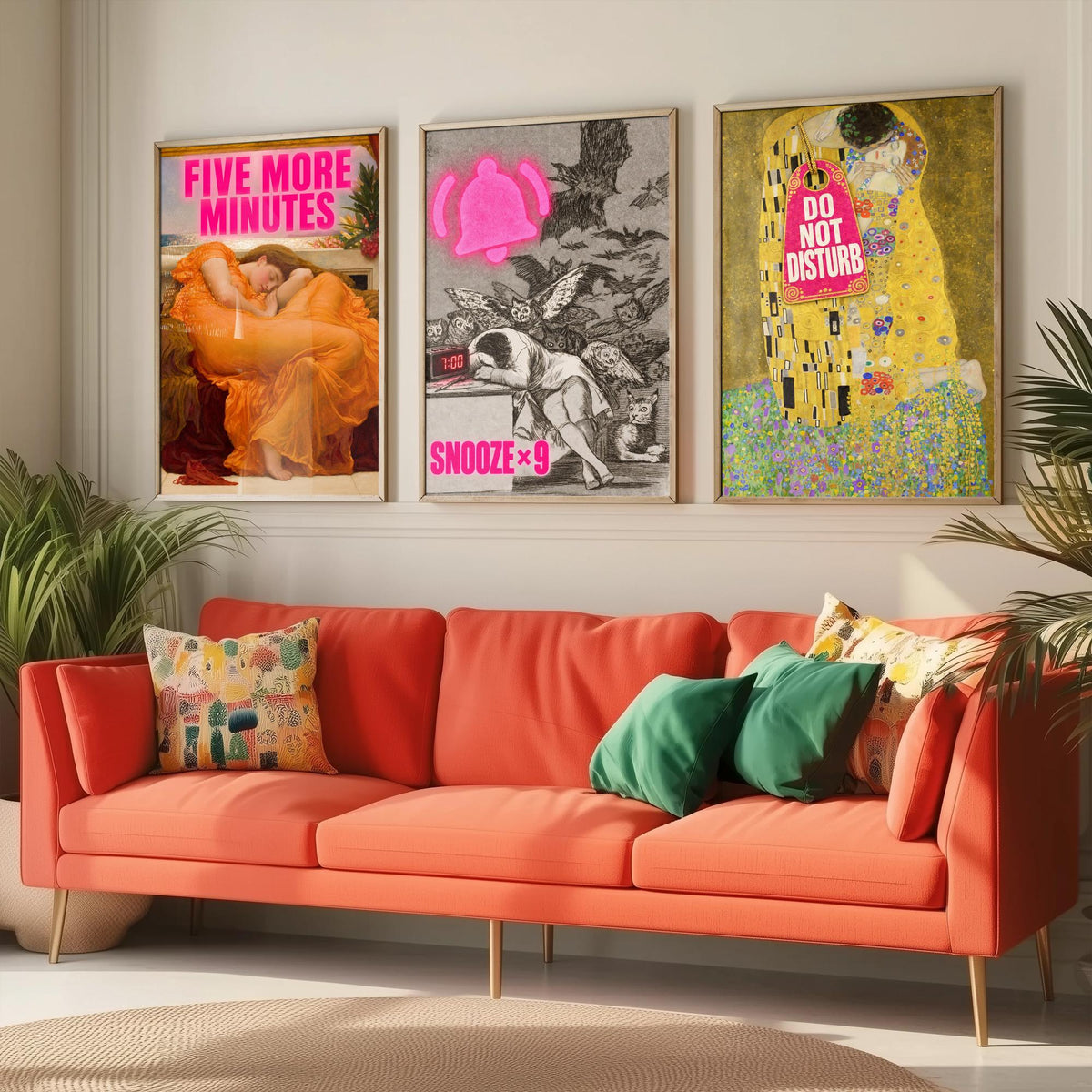 Funny Bedroom Set of Three Art Prints - Five More Minutes, Snooze x9, Do Not Disturb - Classic Painting Parody Poster