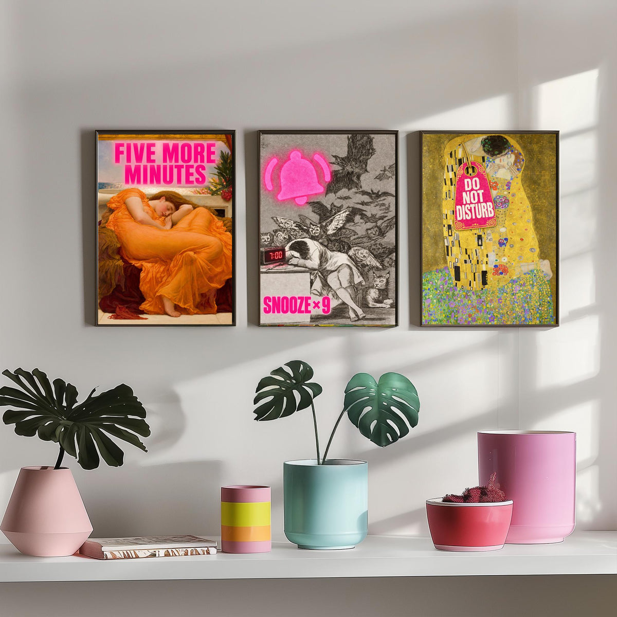 Funny Bedroom Set of Three Art Prints - Five More Minutes, Snooze x9, Do Not Disturb - Classic Painting Parody Poster