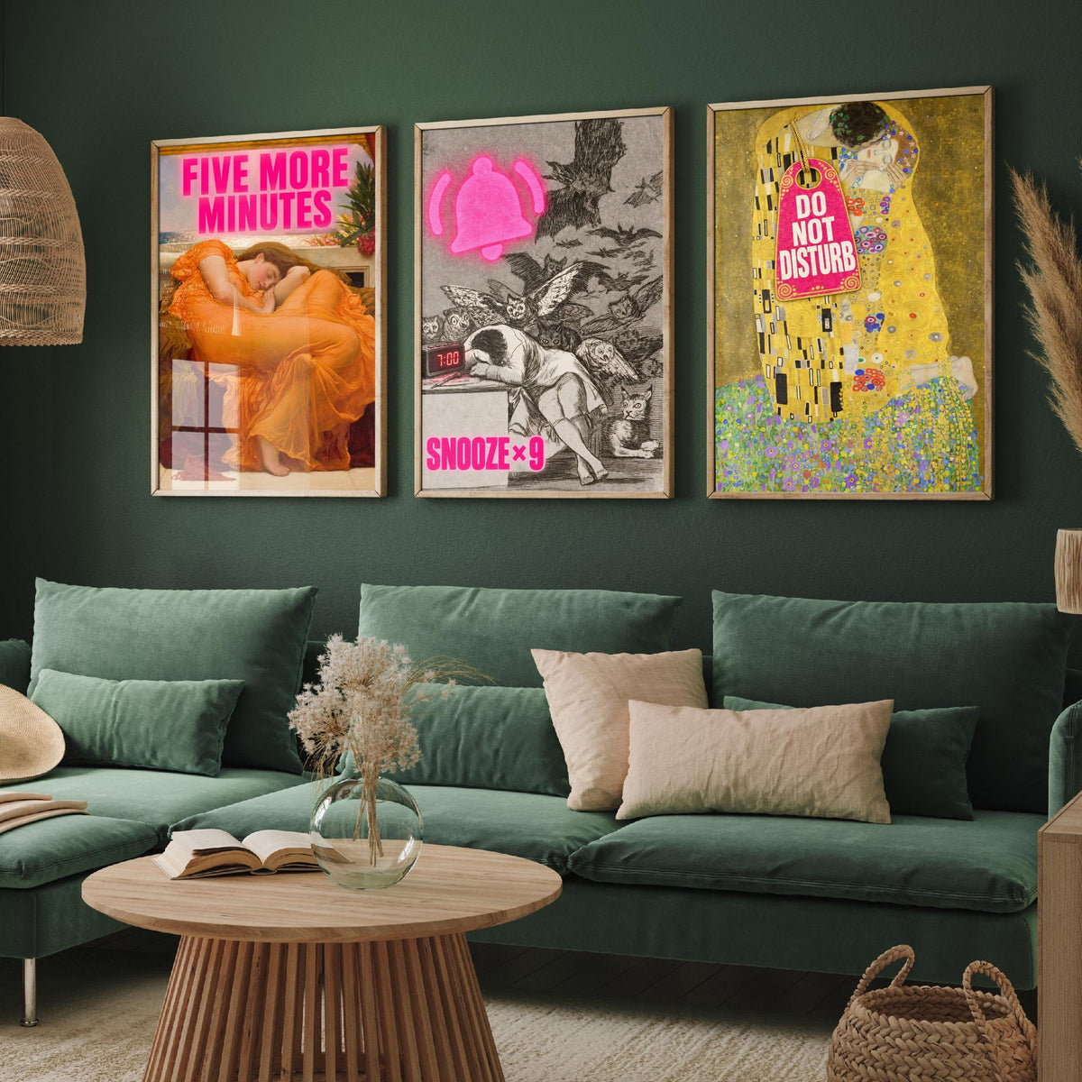 Funny Bedroom Set of Three Art Prints - Five More Minutes, Snooze x9, Do Not Disturb - Classic Painting Parody Poster