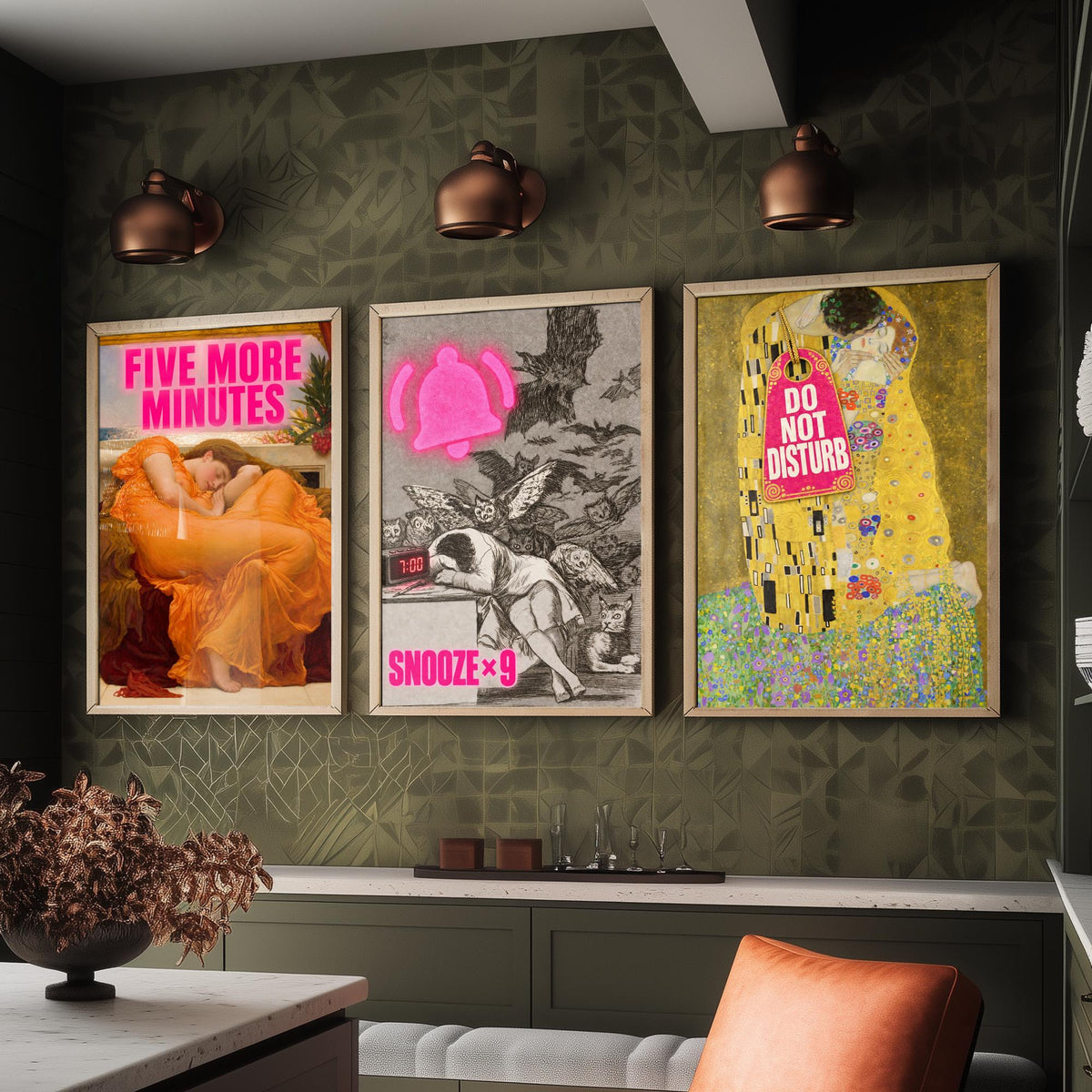Funny Bedroom Set of Three Art Prints - Five More Minutes, Snooze x9, Do Not Disturb - Classic Painting Parody Poster
