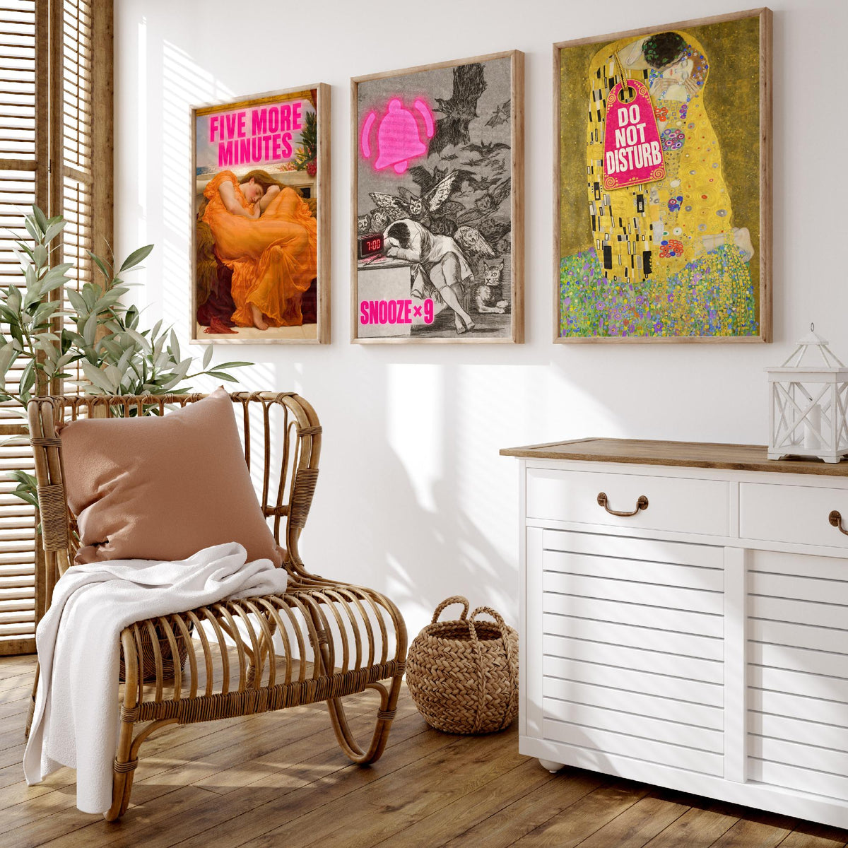 Funny Bedroom Set of Three Art Prints - Five More Minutes, Snooze x9, Do Not Disturb - Classic Painting Parody Poster