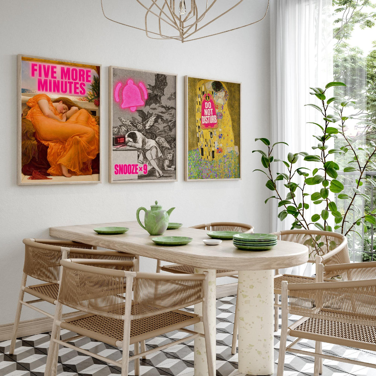 Funny Bedroom Set of Three Art Prints - Five More Minutes, Snooze x9, Do Not Disturb - Classic Painting Parody Poster
