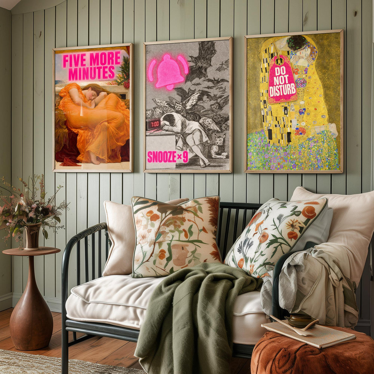 Funny Bedroom Set of Three Art Prints - Five More Minutes, Snooze x9, Do Not Disturb - Classic Painting Parody Poster