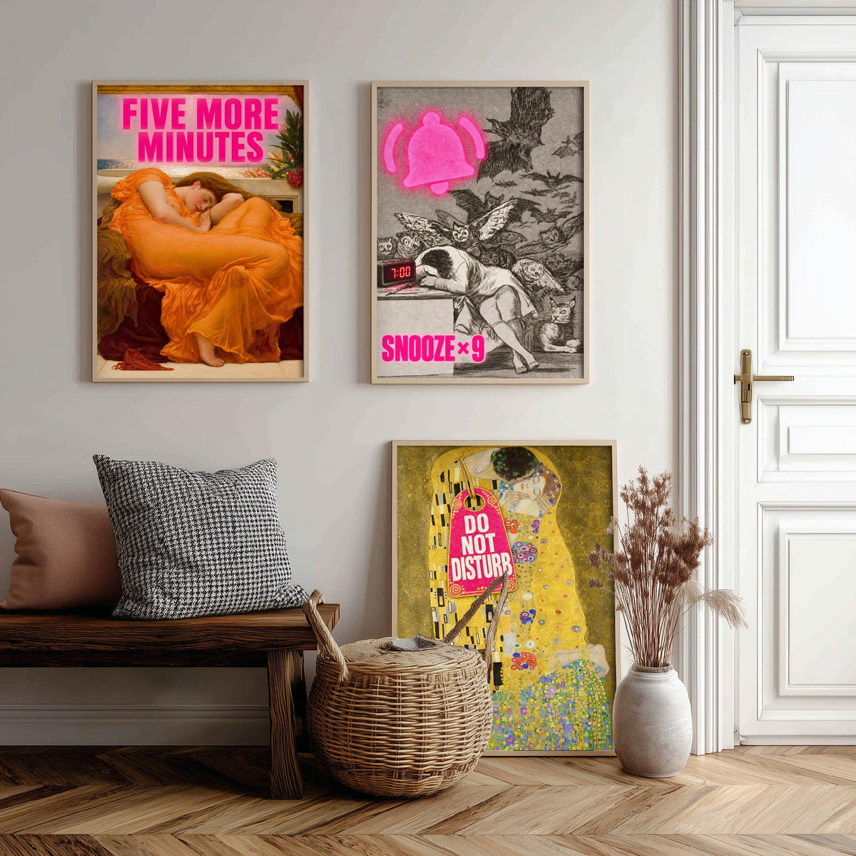 Funny Bedroom Set of Three Art Prints - Five More Minutes, Snooze x9, Do Not Disturb - Classic Painting Parody Poster