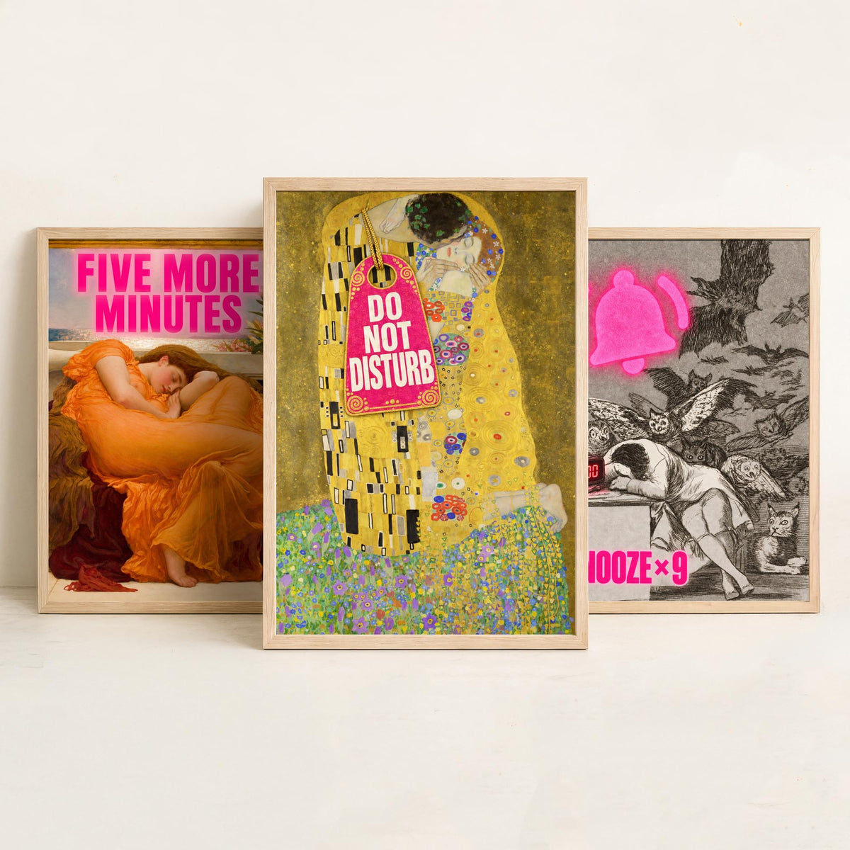 Funny Bedroom Set of Three Art Prints - Five More Minutes, Snooze x9, Do Not Disturb - Classic Painting Parody Poster