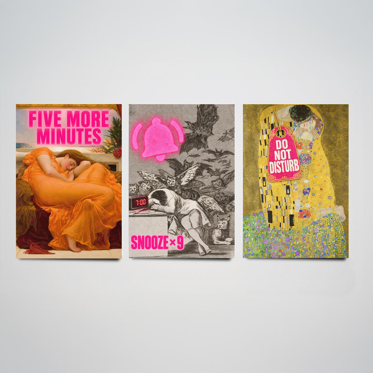 Funny Bedroom Set of Three Art Prints - Five More Minutes, Snooze x9, Do Not Disturb - Classic Painting Parody Poster