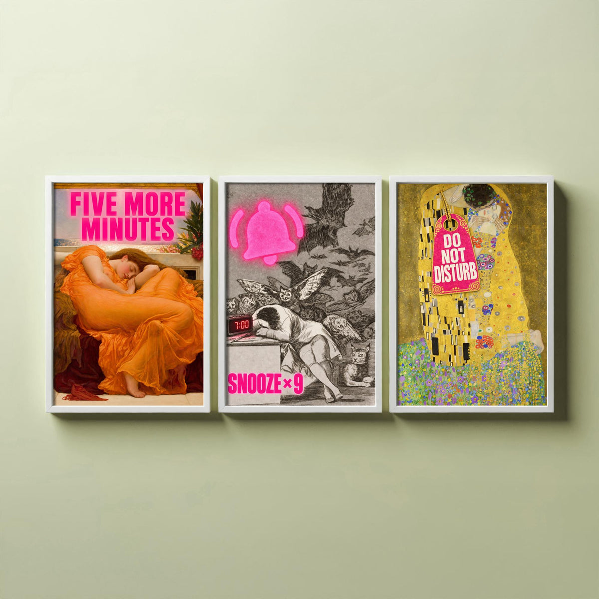 Funny Bedroom Set of Three Art Prints - Five More Minutes, Snooze x9, Do Not Disturb - Classic Painting Parody Poster