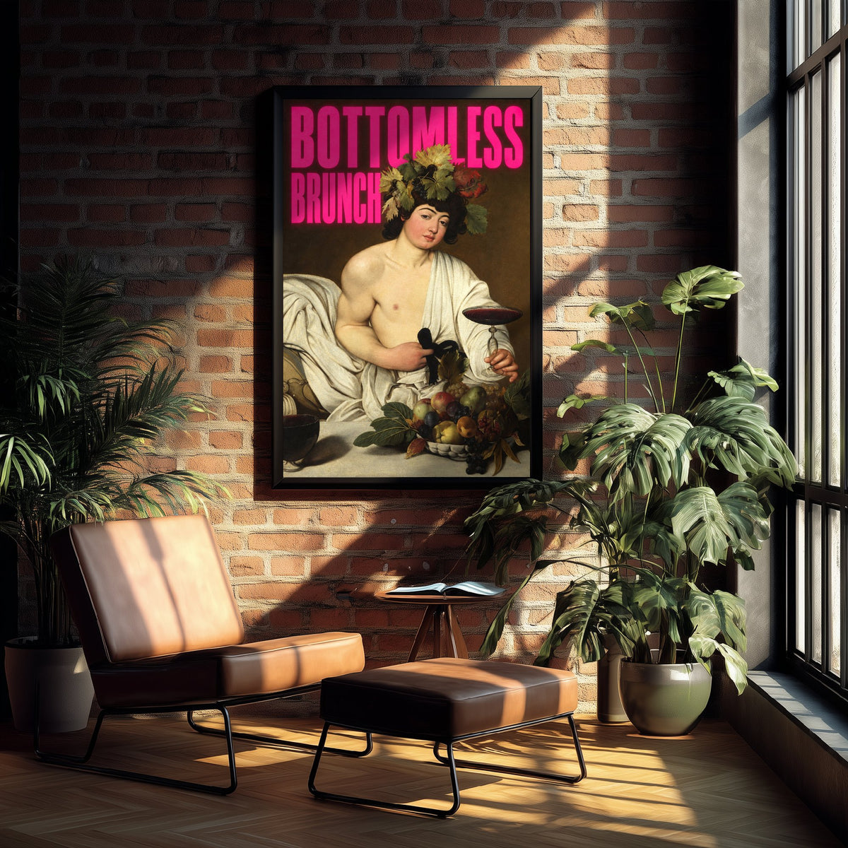 Bottomless Brunch Funny Art Print - Bacchus by Caravaggio Parody Poster - Altered Classic Painting - Brunch Lover Gift