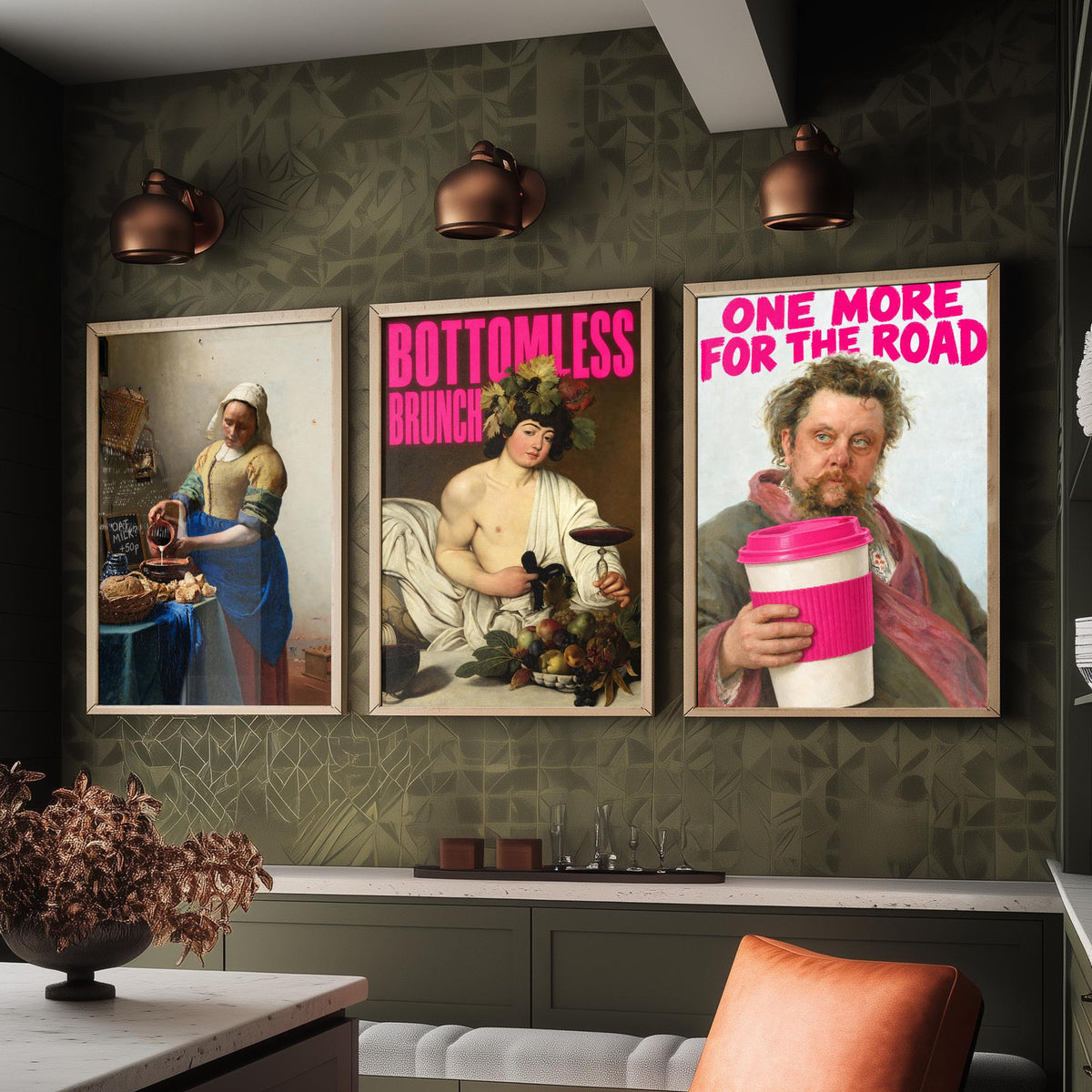 Funny Cafe Set of Three Art Prints - Oat Milk, Bottomless Brunch, One More for the Road - Classic Painting Parody Poster