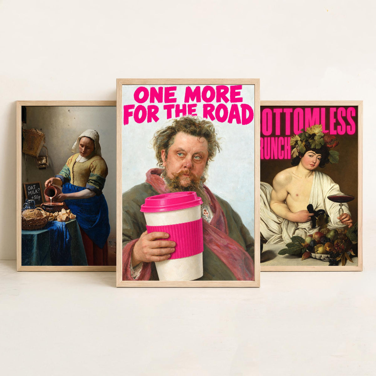 Funny Cafe Set of Three Art Prints - Oat Milk, Bottomless Brunch, One More for the Road - Classic Painting Parody Poster