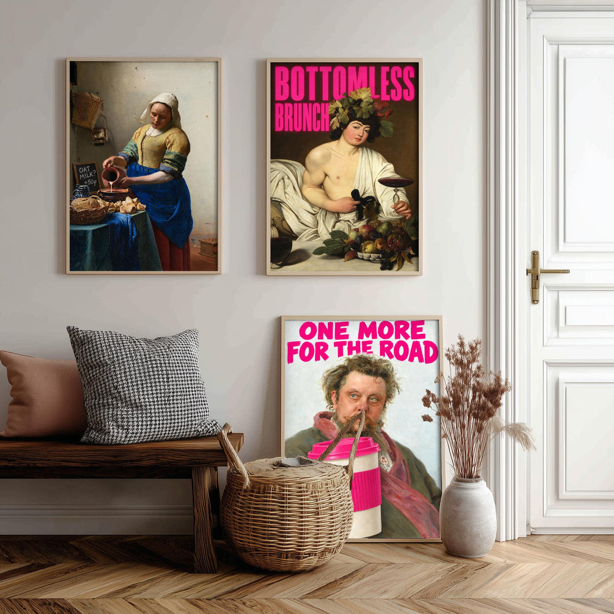 Funny Cafe Set of Three Art Prints - Oat Milk, Bottomless Brunch, One More for the Road - Classic Painting Parody Poster