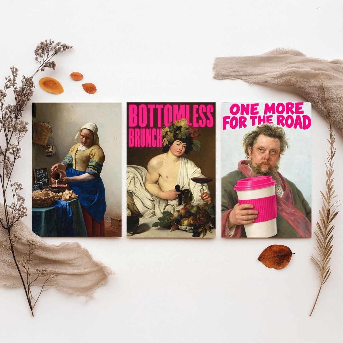 Funny Cafe Set of Three Art Prints - Oat Milk, Bottomless Brunch, One More for the Road - Classic Painting Parody Poster