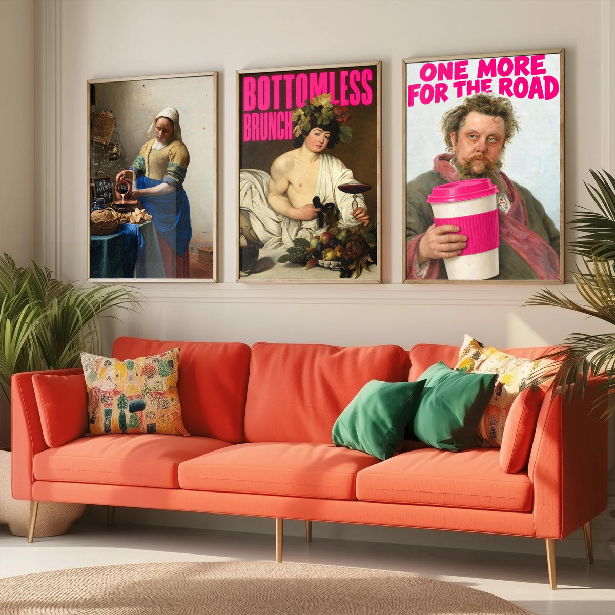 Funny Cafe Set of Three Art Prints - Oat Milk, Bottomless Brunch, One More for the Road - Classic Painting Parody Poster