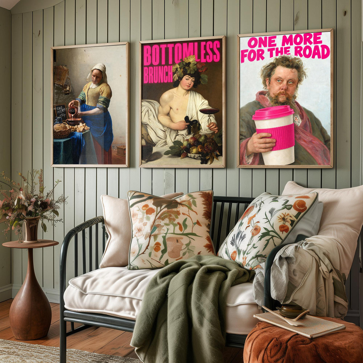 Funny Cafe Set of Three Art Prints - Oat Milk, Bottomless Brunch, One More for the Road - Classic Painting Parody Poster