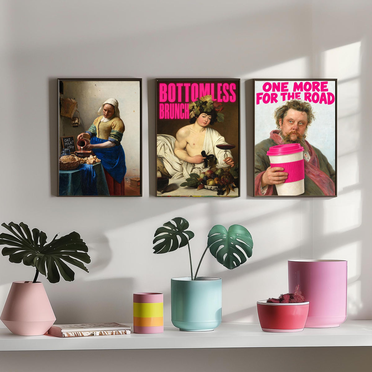 Funny Cafe Set of Three Art Prints - Oat Milk, Bottomless Brunch, One More for the Road - Classic Painting Parody Poster