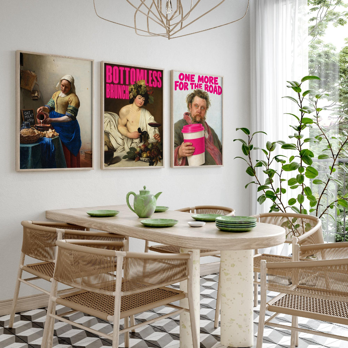 Funny Cafe Set of Three Art Prints - Oat Milk, Bottomless Brunch, One More for the Road - Classic Painting Parody Poster