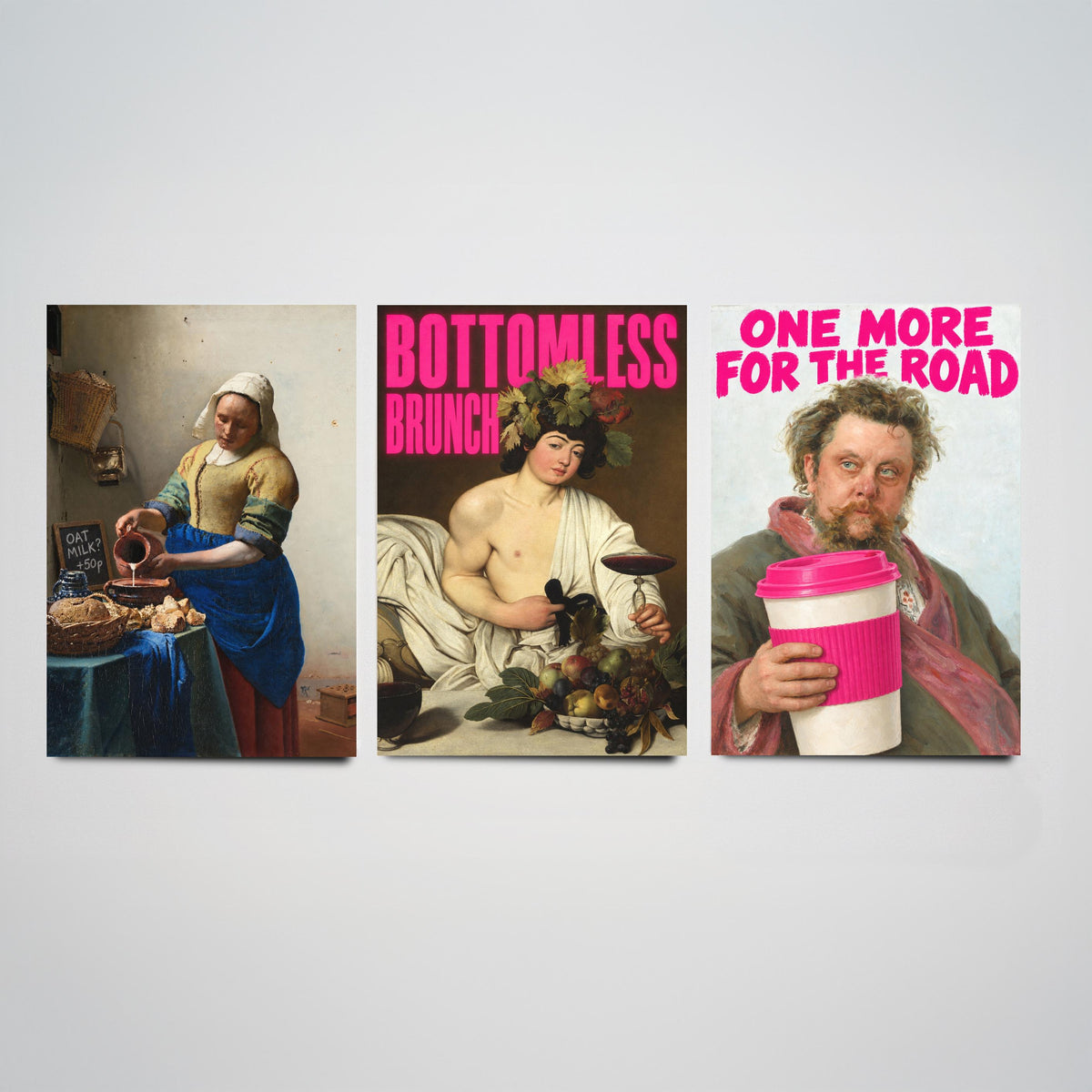 Funny Cafe Set of Three Art Prints - Oat Milk, Bottomless Brunch, One More for the Road - Classic Painting Parody Poster