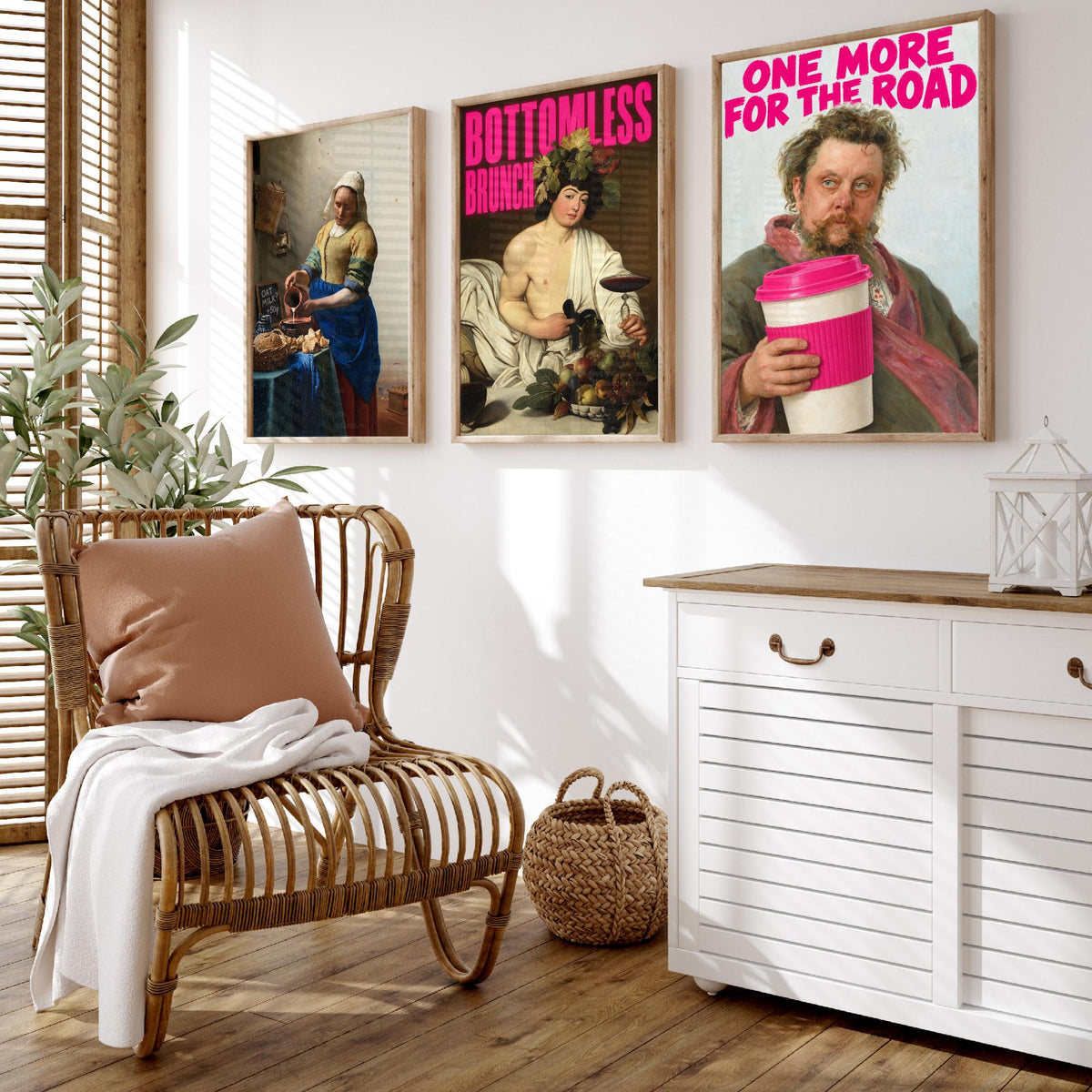 Funny Cafe Set of Three Art Prints - Oat Milk, Bottomless Brunch, One More for the Road - Classic Painting Parody Poster