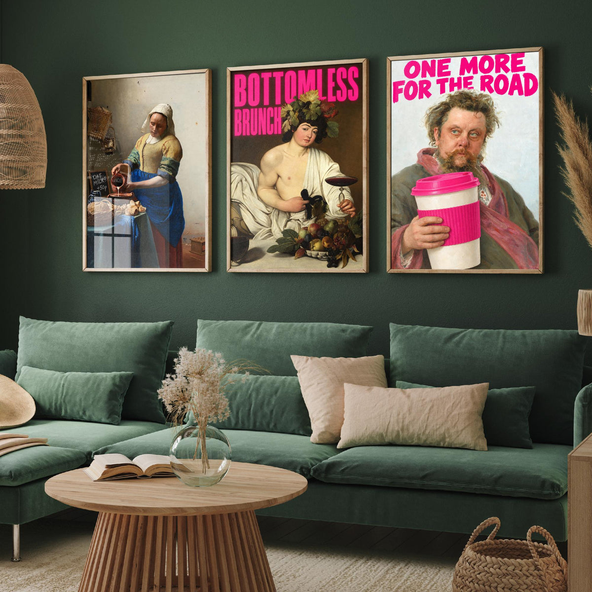 Funny Cafe Set of Three Art Prints - Oat Milk, Bottomless Brunch, One More for the Road - Classic Painting Parody Poster