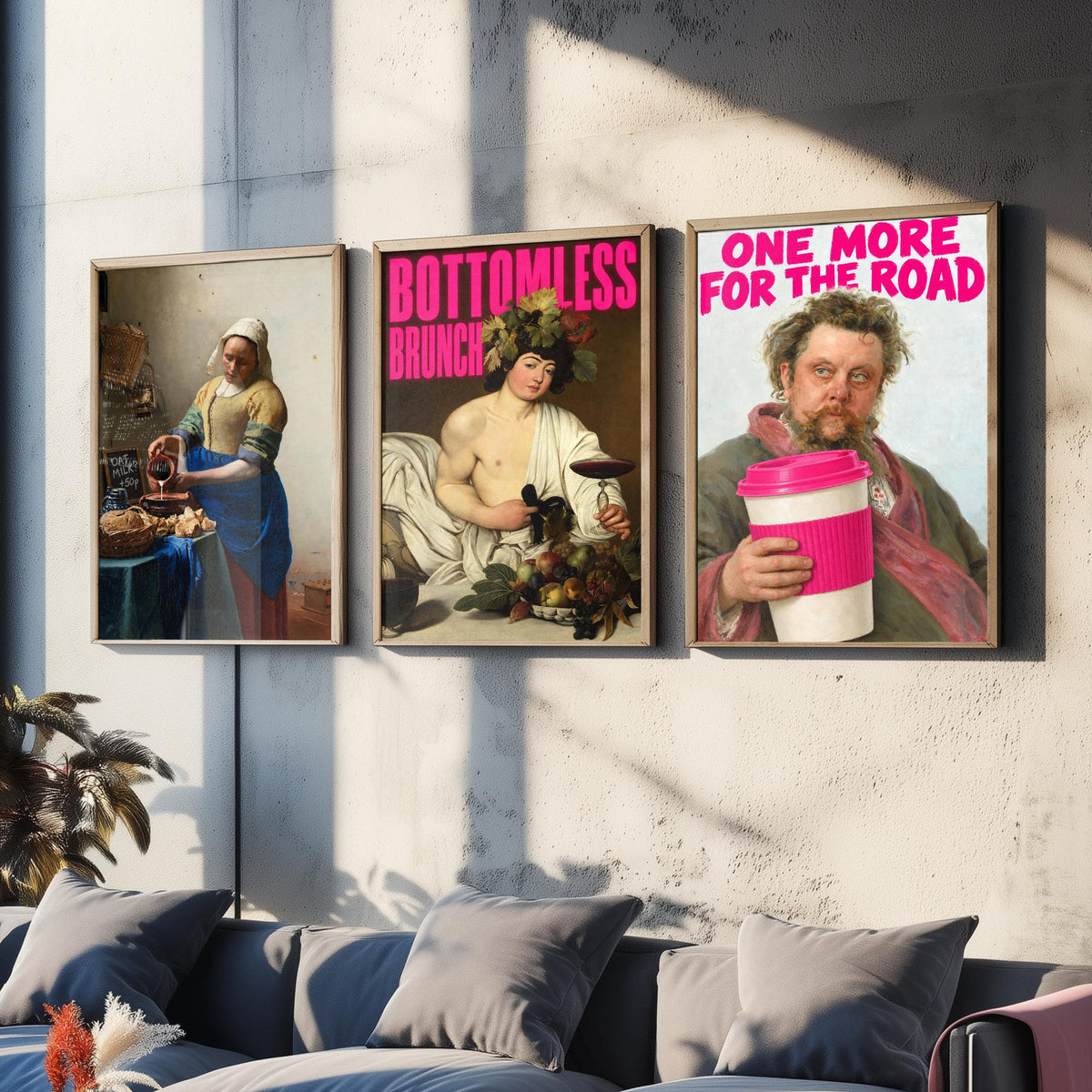 Funny Cafe Set of Three Art Prints - Oat Milk, Bottomless Brunch, One More for the Road - Classic Painting Parody Poster