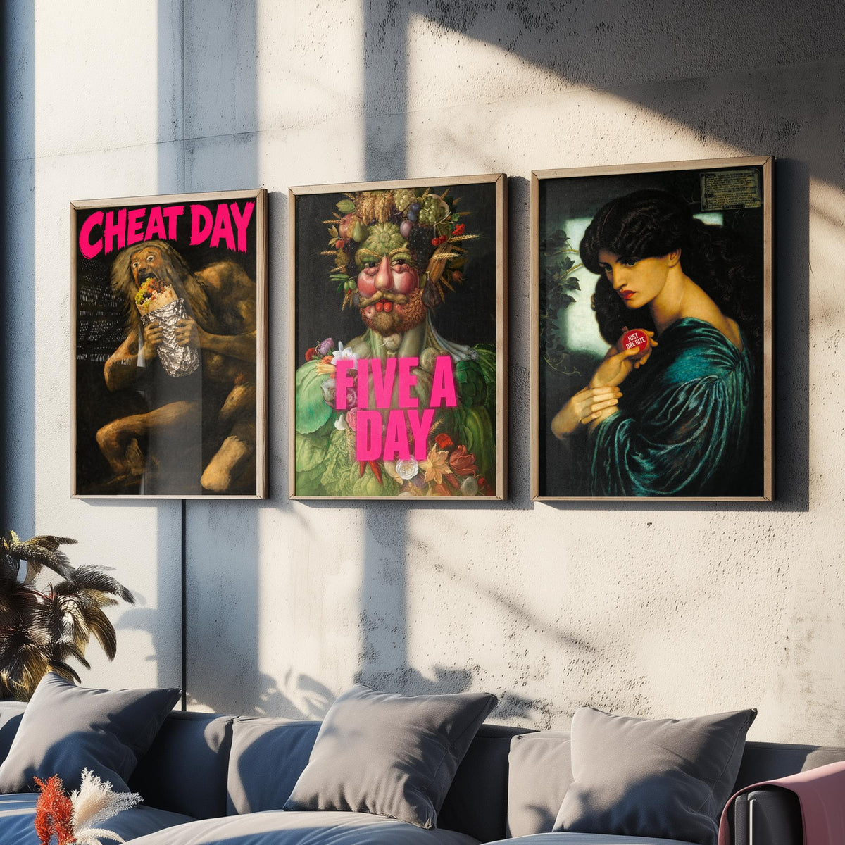 Funny Diet Set of Three Art Prints - Cheat Day, Five a Day, Just One Bite - Classic Painting Parody Poster